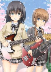  2girls aqua_eyes bass_guitar black_hair blue_eyes blush bow bowtie brown_hair cardigan cherry_blossoms cloud collared_shirt commentary_request cowboy_shot day dress_shirt falling_petals fuyu_urara grey_cardigan grin guitar hair_between_eyes instrument long_hair long_sleeves looking_at_viewer low_twintails multiple_girls music original outdoors petals photoshop_(medium) plaid plaid_bow plaid_neckwear plaid_skirt playing_instrument school_uniform shiny_skin shirt skirt sky smile tareme tsurime twintails white_shirt wing_collar yellow_cardigan 