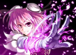  aura bandaged_arm bandages breasts bun_cover chinese_clothes commentary_request double_bun female grin hair_bun ibaraki_kasen looking_at_viewer medium_breasts outstretched_arm petals photoshop_(medium) pink_eyes pink_hair puffy_short_sleeves puffy_sleeves purple_tabard shirt short_hair short_sleeves smile solo tabard touhou upper_body v-shaped_eyebrows warugaki_(sk-ii) white_shirt 