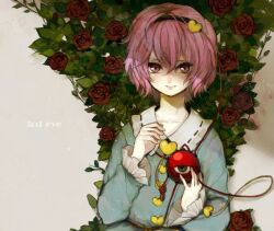  arm_up bad_id bad_pixiv_id bush female flower hairband heart komeiji_satori pale_skin pink_eyes pink_hair red_flower red_rose rose rose_bush shirt short_hair smile solo third_eye tomoe_(itigo) touhou upper_body 