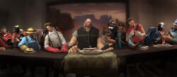  3d_(artwork) clothing demoman_(team_fortress_2) digital_media_(artwork) engineer_(team_fortress_2) food garry&#039;s_mod hat headgear headwear heavy_(team_fortress_2) humor inspired_by_formal_art male medic_(team_fortress_2) not_furry parody pyro_(team_fortress_2) rykov_evgeny sandvich_(team_fortress_2) sandwich_(disambiguation) sandwich_(food) scout_(team_fortress_2) sniper_(team_fortress_2) soldier_(team_fortress_2) spy_(team_fortress_2) team_fortress_2 the_last_supper valve 