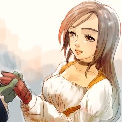  bad_id brown_eyes brown_hair choker female final_fantasy final_fantasy_ix garnet_til_alexandros_xvii gloves happy holding_hands lipstick makeup oca out_of_frame smile solo_focus 