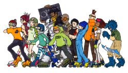  6+boys 6+girls bad_id bad_pixiv_id beat_(jsr) bis_(jsr) black_gloves black_hair blonde_hair blue_hair boombox brown_hair choker combo_(jsr) commentary_request corn_(jsr) cube_(jsr) dreadlocks dress eyepatch fingerless_gloves garam_(jsr) gloves goggles gum_(jsr) hat headphones helmet holding_boombox inline_skates jet_set_radio jumpsuit love_shockers mask multiple_boys multiple_girls noise_tanks piranha_(jsr) poison_jam pots_(jsr) roller_skates sega short_dress short_hair skates slate_(jsr) soda-drop tattoo yoyo_(jsr) 