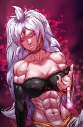  1girls abs android_21 android_21_(evil) arabian_clothes athletic_female belly_button black_sclera bracelet collar dragon_ball dragon_ball_fighterz dragon_ball_z energy fit_female harem_outfit jewelry larsengrenbui looking_at_viewer majin_android_21 medium_breasts muscular_arms muscular_female navel nipples_visible_through_clothing pink_skin pointy_ears red_eyes six_pack white_hair 