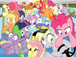  2011 absolutely_everyone alligator alligatorid angel_(mlp) anthro apple apple_bloom_(mlp) applejack_(mlp) big_macintosh_(mlp) blue_body blue_feathers blue_fur bonbon_(mlp) bus carrot_top_(mlp) clothing commercial_vehicle crocodilian cupcake cutie_mark_crusaders_(mlp) derpy_hooves dinky_hooves_(mlp) dragon earth_pony equid equine feathered_wings feathers female feral fluttershy_(mlp) food friendship_is_magic fruit fur glass group gummy_(mlp) hair hasbro hat headgear headwear horn horse inside_bus large_group lyra_heartstrings_(mlp) male mammal muffin multicolored_hair my_little_pony mythological_creature mythological_equine mythological_scalie mythology pegasus pink_body pink_fur pinkie_pie_(mlp) plant pony public_transportation purple_hair rainbow_dash_(mlp) rainbow_hair rarity_(mlp) reptile scalie scootaloo_(mlp) shutterflye spike_(mlp) sweetie_belle_(mlp) twilight_sparkle_(mlp) two_tone_hair unicorn vehicle vehicle_for_hire wings young young_anthro 