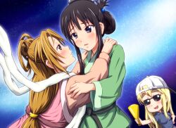  3girls akiyama_mio black_hair brown_eyes brown_hair chinese_clothes commentary_request cosplay diesel-turbo hikoboshi hikoboshi_(cosplay) himejoshi k-on! kotobuki_tsumugi long_hair megaphone multiple_girls orihime_(tanabata) orihime_(tanabata)_(cosplay) robe short_hair sunglasses tainaka_ritsu tanabata yuri 