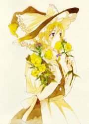  blonde_hair commentary_request female flower hand_on_own_chest hands hat highres holding holding_flower kirisame_marisa multicolored_eyes nib_pen_(medium) painting_(medium) purple_eyes short_hair simple_background smelling_flower solo sugi touhou traditional_media watercolor_(medium) witch_hat yellow_eyes 