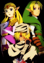  1boy 2girls 317_(saina) bad_id bad_pixiv_id bandages blonde_hair blue_eyes dress dual_persona earrings elbow_gloves gloves hat instrument jewelry link long_hair multiple_girls ocarina pointy_ears princess_zelda red_eyes reverse_trap sheik the_legend_of_zelda the_legend_of_zelda:_ocarina_of_time tiara turban 