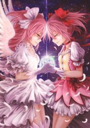  2girls bow choker closed_eyes commentary_request dress dual_persona earth_(planet) feathers gloves hairbow highres holding_hands interlocked_fingers kaname_madoka kaname_madoka_(magical_girl) ks_(xephyrks) lens_flare long_hair magical_girl mahou_shoujo_madoka_magica mahou_shoujo_madoka_magica_(anime) multiple_girls photoshop_(medium) pink_hair planet profile red_choker short_hair short_twintails smile spoilers thighhighs twintails two_side_up ultimate_madoka wings yellow_eyes 