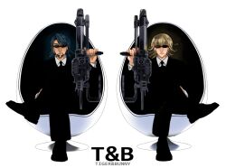  2boys barnaby_brooks_jr. blonde_hair brown_hair commentary_request cosplay crossed_legs formal gun hajime_(housennka) kaburagi_t._kotetsu male_focus men_in_black multiple_boys necktie parody sitting suit sunglasses tiger_&amp;_bunny weapon 