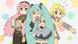  3girls arawi_keiichi_(style) book commentary_request hatsune_miku hyadain_no_kakakata_kataomoi_-_c kagamine_rin long_hair megurine_luka multiple_girls nichijou one_eye_closed parody poppo_cya style_parody thighhighs very_long_hair vocaloid 