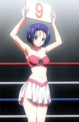  arms_up blue_eyes blue_short_hair blush box boxing_ring girl interior number_nine red_white_and_blue_ring_ropes ring_girl sairenji_haruna screen_capture to_love-ru 