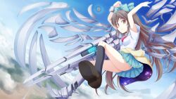  alternate_costume alternate_weapon alternate_wings arm_cannon arms_up artificial_wings black_socks bow brown_eyes brown_hair cannon cape cloud commentary_request cyborg falling female flying green_bow green_skirt hairbow highres long_hair looking_at_viewer mechanical_foot mechanical_legs necktie reiuji_utsuho school_uniform science_fiction serafuku single_mechanical_leg skirt sky socks solo space third_eye touhou tri upskirt weapon wings 