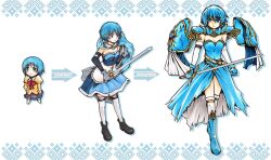  adapted_costume alternate_weapon armor armored_dress blue_eyes blue_hair boots cape commentary_request evolution female gloves knight mahou_shoujo_madoka_magica mahou_shoujo_madoka_magica_(anime) miki_sayaka miki_sayaka_(magical_girl) photoshop_(medium) short_hair sword thighhighs weapon yuriwhale 