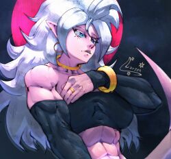  abs android_21 android_21_(good) athletic_female belly_button blue_eyes bracelet collar dragon_ball dragon_ball_fighterz dragon_ball_z elf_ears fit_female jewelry larsengrenbui majin_android_21 muscle_girl muscular_arms muscular_female navel open_mouth pink_skin pointy_ears ring six_pack teeth white_hair 