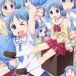  arm_up blue_eyes blue_hair blush board_game commentary_request cube_hair_ornament empty_eyes female hair_down hair_ornament highres hitodama naganohara_mio necktie nichijou notebook one_eye_closed open_mouth pajamas photoshop_(medium) pom_pom_(cheerleading) saliva sayousuke school_uniform serafuku shoes shogi short_hair short_twintails sitting skirt socks sweat tears tokisadame_school_uniform twintails wavy_mouth 