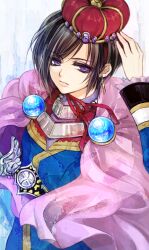  1boy bad_id bad_pixiv_id bishounen black_hair cape crown earrings gem jeweled_crown jewelry leon_magnus male_focus pink_cape purple_eyes raichi_(quatsch) red_crown solo sword tales_of_(series) tales_of_destiny weapon 