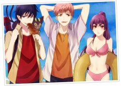  2boys animal animal_on_shoulder ao_no_exorcist arms_behind_head bad_id bad_pixiv_id bikini black_hair breasts casual cleavage eating feline female food front-tie_top hime_cut ikayaki innertube kamiki_izumo kanameyura kuro_(ao_no_exorcist) large_breasts multiple_boys multiple_tails navel nekomata okumura_rin photo_(object) photoshop_(medium) pink_bikini pink_hair pointy_ears ponytail shima_renzou short_eyebrows squid swim_ring swimsuit tail two_tails 