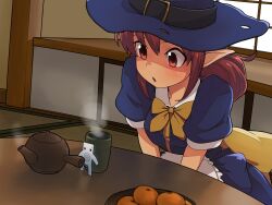  bow brown_eyes brown_hair commentary_request cup dutch_angle female food fruit hat hiding highres mandarin_orange paper_man pointy_ears pu-chin side_handle_teapot sitting solo sururu_(paper_man) tea teapot witch_hat yunomi 