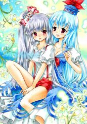  2girls adapted_costume alternate_hairstyle bad_id bad_pixiv_id bare_legs blue_hair blunt_bangs blush bow breasts cleavage daffodil dress embarrassed flower fujiwara_no_mokou funnyfunny grey_hair hairbow hairdressing hat kamishirasawa_keine long_hair marker_(medium) medium_breasts multiple_girls puffy_sleeves red_eyes sample_watermark short_shorts short_sleeves shorts side_ponytail sidelocks sitting sitting_on_lap sitting_on_person smile suspenders touhou traditional_media very_long_hair watermark 