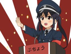  black_hair blush commentary_request female hat k-on! lectern long_hair military military_uniform nakano_azusa nazi necktie open_mouth peaked_cap pu-chin red_eyes round_teeth salute solo sparkle straight-arm_salute teeth totenkopf translated twintails uniform 