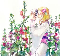  blonde_hair blue_eyes bracelet bud commentary_request female flower from_side grin hair_flower hair_ornament hiteihime_(katanagatari) holding holding_mask hollyhock japanese_clothes jewelry katanagatari kimono looking_ahead looking_at_object mask painting_(medium) pink_flower profile purple_flower smile solo traditional_media watercolor_(medium) yamaidaredare 