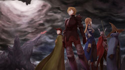  4boys agrias_oaks ahoge armor black_mage_(fft) black_mage_(final_fantasy) blonde_hair boots braid commentary_request corset dragoon dragoon_(fft) dragoon_(final_fantasy) female final_fantasy final_fantasy_tactics flag gloves greaves hat kaili knight long_hair multiple_boys pauldrons photoshop_(medium) ramza_beoulve short_hair shoulder_armor shoulder_spikes single_braid spikes staff summoner_(fft) sword weapon witch_hat 