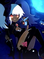  :q asymmetrical_gloves bad_id bad_pixiv_id black_gloves blue_moon blush boots cleavage_cutout clothing_cutout dark-skinned_female dark_skin female fingerless_gloves full_moon gloves glowing glowing_eyes keijou_(cave) knees_together_feet_apart looking_at_viewer mismatched_gloves moon multicolored_eyes nail_polish night orange_eyes original red_eyes sitting solo tongue tongue_out twintails white_hair zombie 