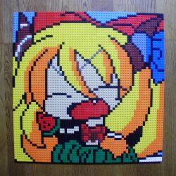  closed_eyes commentary_request derivative_work female food food_print fruit highres horn_ornament horn_ribbon horns ibuki_suika lego lego_(medium) oerba_yun_fang orange_hair photo_(medium) pixel_art ribbon solo touhou unconventional_media watermelon watermelon_print you_rei_(blowback) 