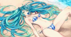  aqua_eyes aqua_hair beach bikini commentary_request female flower hair_ribbon hatsune_miku holding holding_flower legs long_hair long_legs lying multicolored_eyes on_back ribbon side-tie_bikini_bottom smelling_flower solo striped_bikini striped_clothes swimsuit thighs twintails vertical-striped_bikini vertical-striped_clothes vocaloid water yukiya 