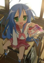  bag blue_hair commentary_request desk female green_eyes highres hiiragi_kagami hiiragi_tsukasa izumi_konata komo_egg long_hair lucky_star manga_(object) meta mole mole_under_eye neckerchief pink_neckerchief pov ryouou_school_uniform school_desk school_uniform serafuku solo takara_miyuki 