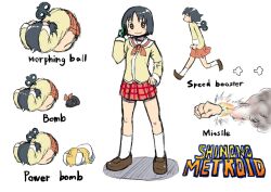  2girls bad_id bad_pixiv_id black_hair blonde_hair blush bow brown_eyes clenched_hand english_text feline gameplay_mechanics gun kamiyama_kenta long_hair metroid missile multiple_girls nichijou parody professor_shinonome sakamoto_(nichijou) scarf school_uniform shinonome_nano short_hair skirt title_parody tokisadame_school_uniform weapon winding_key 