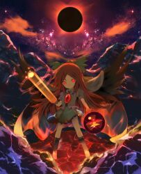  arm_cannon black_sun black_wings bow brown_hair cape chibi cloud commentary_request eclipse energy_ball female glowing glowing_eyes glowing_weapon green_bow green_skirt hairbow hato_no_hito mountain night radiation_symbol red_eyes reiuji_utsuho shirt skirt sky solar_eclipse solo star_(sky) sun third_eye touhou weapon wings 