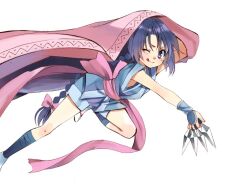  ;p black_hair braid cloak commentary_request female hair_ribbon kunai long_hair makimachi_misao manji_(nanakirio) one_eye_closed purple_eyes ribbon rurouni_kenshin sandals sash shorts solo tongue tongue_out very_long_hair weapon 