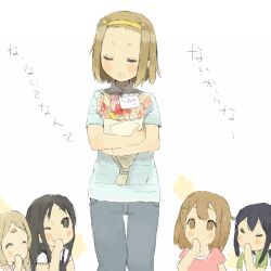  5girls ^_^ akiyama_mio black_hair blush bouquet brown_eyes brown_hair casual closed_eyes commentary_request flower giggling hair_ornament hairband hairclip hirasawa_yui k-on! kotobuki_tsumugi long_hair multiple_girls nakano_azusa nasuna one_eye_closed short_hair smile tainaka_ritsu tears thick_eyebrows translated 