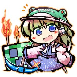  blue_eyes blush_stickers chibi creeper crossover detached_sleeves female fire green_hair hair_tubes helmet kochiya_sanae minecraft no_nose okome_(kome_kuma) open_mouth pickaxe rana_(minecraft) solo sparkle torch touhou translated 