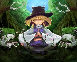  amekosame blonde_hair commentary_request female forest frog hat indian_style kneehighs kuji-in looking_at_viewer meditation midriff moriya_suwako moss nature navel one_eye_closed open_mouth overgrown partially_submerged ribbon-trimmed_legwear ribbon_trim rope shimenawa short_hair sitting slit_pupils socks solo touhou tree water white_socks wide_sleeves yellow_eyes 