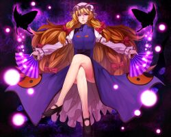  bad_id bad_pixiv_id blonde_hair bow breasts bug butterfly convenient_leg crossed_legs dress dual_wielding female folding_fan frills gap_(touhou) hairbow hand_fan hat high_heels holding holding_fan irohara_mitabi large_breasts legs long_hair purple_eyes ribbon shoes sitting smile solo thighs touhou yakumo_yukari yin_yang yin_yang_print 