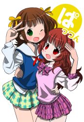  2girls amami_haruka bad_id bad_pixiv_id brown_hair crossover green_eyes hariganeya harune_aira idolmaster idolmaster_(classic) long_hair multiple_girls one_eye_closed photoshop_(medium) pretty_rhythm pretty_rhythm_aurora_dream pretty_series red_eyes school_uniform short_hair sweater_vest v 