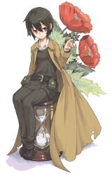  belt belt_pouch black_hair bug butterfly coat commentary_request female flower hourglass kino_(kino_no_tabi) kino_no_tabi photoshop_(medium) pouch reverse_trap satoma_makoto short_hair sitting solo trench_coat 