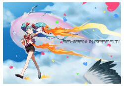  aqua_eyes aqua_hair bad_id bad_pixiv_id bird bird_wings cloud day female fire floating_hair flying_whale hair_ribbon hatsune_miku heart long_hair outstretched_arms photoshop_(medium) ribbon seagull sekiranun_graffiti_(vocaloid) shiny_(module) shorts sky solo spread_arms twintails very_long_hair vocaloid walking whale wings yabe_makoto 