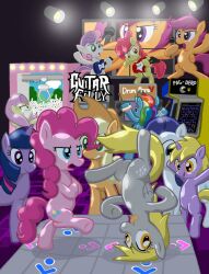  apple_bloom_(mlp) applejack_(mlp) arcade arcade_machine avian bemani bird blue_body blue_fur controller crane_(machine) crossover cutie_mark cutie_mark_crusaders_(mlp) dance_dance_revolution dance_pad dancing derpy_hooves dinky_hooves_(mlp) drumming_stick earth_pony electronics equid equine feathered_wings feathers female feral fluttershy_(mlp) friendship_is_magic fur game_controller grey_body grey_feathers group gruiform guitar guitar_controller guitar_hero hair hasbro headstand holding_controller holding_game_controller holding_object horn horse konami long_hair mammal microphone multicolored_hair musical_instrument my_little_pony mythological_creature mythological_equine mythology orange_body orange_feathers pac-man_(series) pegasus percussion_mallet pink_body pink_fur pink_hair pinkie_pie_(mlp) playing_guitar playing_music plucked_string_instrument pony purple_hair quadruped rainbow_dash_(mlp) rainbow_hair rarity_(mlp) rhythm_game scootaloo_(mlp) short_hair shutterflye string_instrument sweetie_belle_(mlp) tail twilight_sparkle_(mlp) two_tone_hair unicorn video_game_logo wings young young_feral 