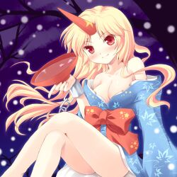  alcohol bare_legs bare_shoulders blonde_hair blue_kimono blush breasts chains cleavage crossed_legs cuffs cup female horns hoshiguma_yuugi hoshiguma_yuugi_(kimono) japanese_clothes kimono komi_zumiko light_smile long_hair medium_breasts night off_shoulder petals photoshop_(medium) red_eyes sakazuki sake shackles single_horn sitting smile snowing solo touhou tree 