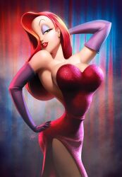  armpits bare_shoulders breasts cleavage commentary dress earrings elbow_gloves english_commentary eyeshadow female gloves green_eyes hair_over_one_eye jessica_rabbit jewelry large_breasts lipstick long_hair makeup narrow_waist photoshop_(medium) red_hair red_lips side_slit sideboob solo stanley_lau who_framed_roger_rabbit 