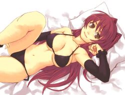  armpits bikini breasts brown_eyes cleavage detached_sleeves female kousaka_tamaki large_breasts leg_up long_hair lying navel on_back pillow red_hair side-tie_bikini_bottom sideways smile solo string_bikini swimsuit to_heart_(series) to_heart_2 underboob very_long_hair yuuji_(and) 