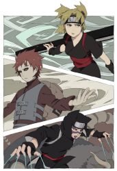  blonde_hair facial_mark fan fingerless_gloves forehead_protector gaara gloves gourd hachie_(aaakaaa) japanese_clothes kankuro naruto quad_tails red_hair short_hair temari 