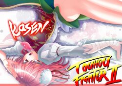  amisu bandages bare_legs bun_cover character_name commentary_request copyright_name double_bun female hair_bun ibaraki_kasen open_mouth parody pink_eyes pink_hair short_hair solo spinning_bird_kick street_fighter street_fighter_ii_(series) touhou upside-down 