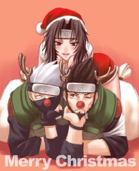  antlers beard black_hair brown_eyes chiba_toshirou christmas cigarette facial_hair fingerless_gloves forehead_protector fur_trim gloves hat hatake_kakashi headband naruto red_eyes red_nose reindeerboy santa_hat sarutobi_asuma white_hair yuuhi_kurenai 