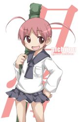  :d bad_id bad_pixiv_id blush brown_hair female hand_on_own_hip nichijou open_mouth over_shoulder panties red_hair school_uniform short_twintails skirt smile solo tachibana_mihoshi twintails underwear weapon_bag wind wind_lift yumesato_makura 