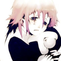  1other bad_id bad_pixiv_id commentary_request crona_(soul_eater) cuddling morphine_(pixiv) pale_skin pink_hair purple_eyes ragnarok_(demon_sword) sad solo soul_eater tears 