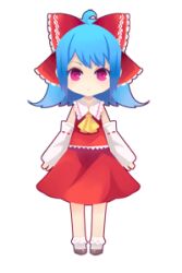  ahoge ascot bili_girl_22 bilibili blue_hair bow chibi cosplay detached_sleeves female full_body hair_ornament hair_ribbon hairbow hakurei_reimu hakurei_reimu_(cosplay) hao_(patinnko) lowres red_bow red_eyes ribbon solo touhou transparent_background 